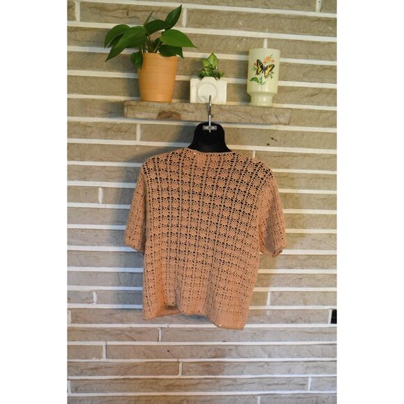 Tan brown Crochet Short sleeve cardigan boho beaded open knit XL vintage summer - Picture 3 of 8